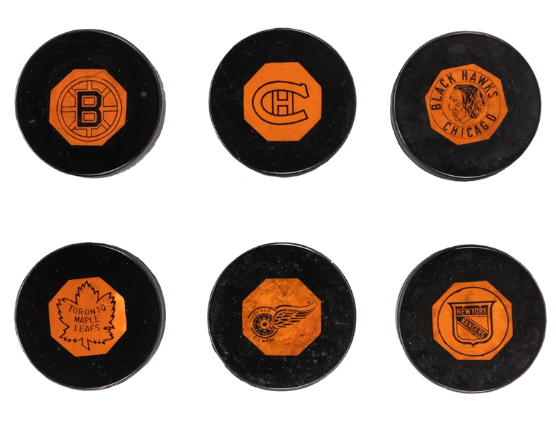 1958-67 “Original Six” Art Ross NHL Game Puck Complete Set of 6