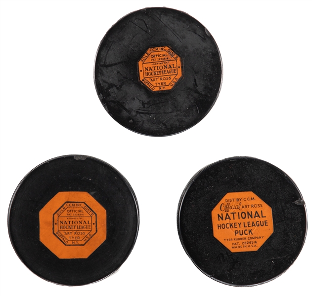 1942-50, 1950-58 and 1958-62 Art Ross Tyer NHL Game Pucks 