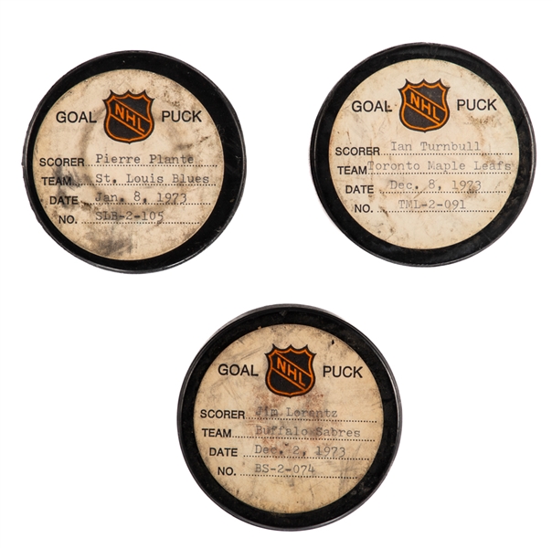 Pierre Plantes St Louis Blues Jan 8, 1973, Jim Lorentzs Buffalo Sabres Dec 2, 1973 and Ian Turnbulls Toronto Maple Leafs Dec 9, 1973 Goal Pucks from the NHL Goal Puck Program 