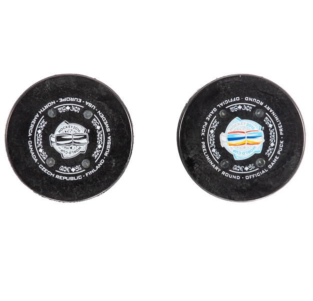 2016 World Cup of Hockey Fox Trax Game-Used Pucks (2) 