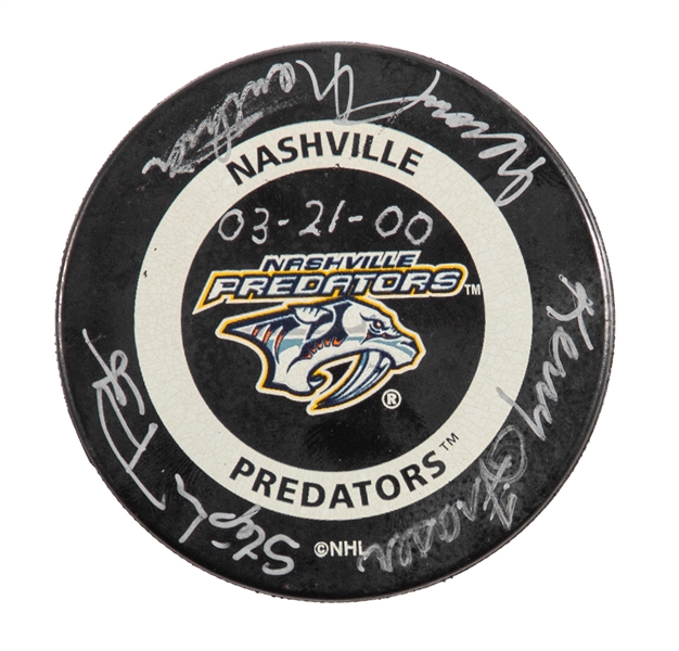 Nashville Predators vs Philadelphia Flyers March 21, 2000 Game-Used Puck Signed by Referee Kerry Fraser and Linesman Gerard Gauthier and Stephane Provost