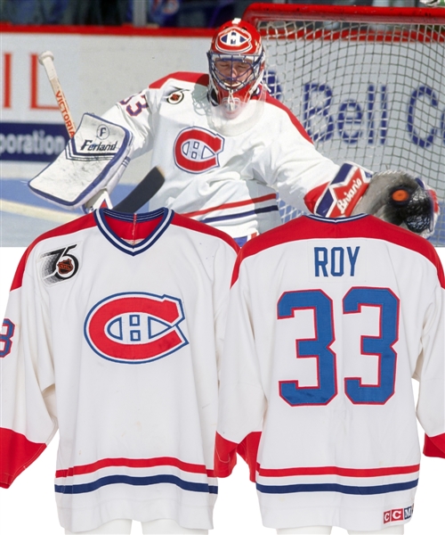 Patrick Roys 1991-92 Montreal Canadiens Game-Worn Jersey - NHL 75th Patch! - Team Repairs! - Vezina and William M. Jennings Trophies Season! - Photo-Matched!