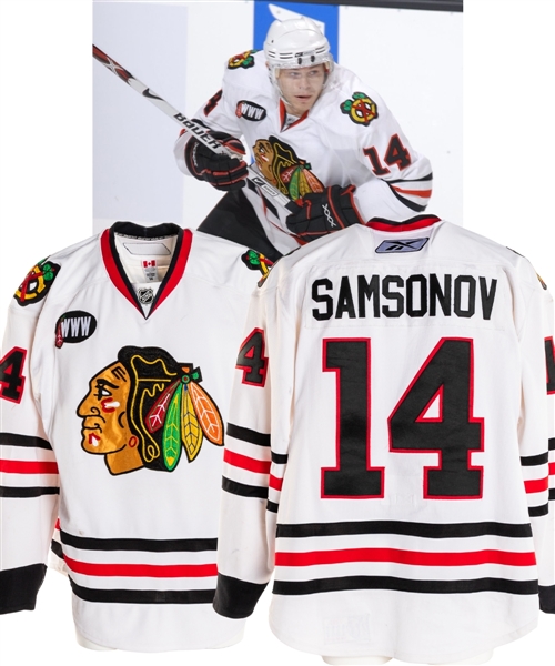 Sergei Samsonovs 2007-08 Chicago Blackhawks Game-Worn Jersey - "WWW" Patch! - Photo-Matched!