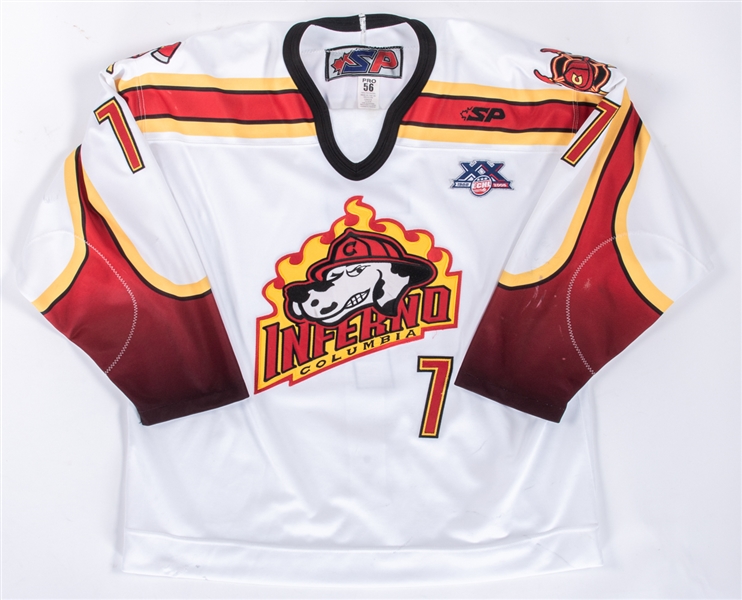 Dan Glovers 2007-08 ECHL Columbia Inferno Game-Worn Jersey with MeiGray LOA and COR - ECHL 20th Anniversary Patch!