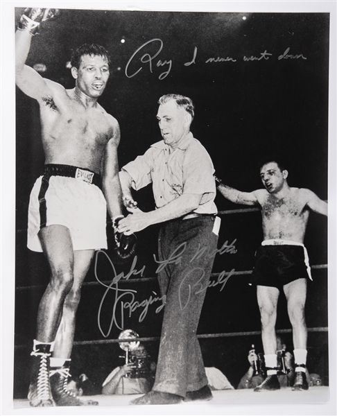 Former Middleweight Boxing Champions Deceased HOFers Jack La Motta and Tony Zale / Rocky Graziano Signed Photos with JSA Auction LOA