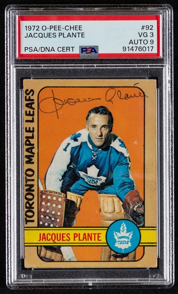 1972-73 O-Pee-Chee Signed Hockey Card #92 Deceased HOFer Jacques Plante - Card Graded PSA 3 - PSA/DNA Certified Auto Graded 9