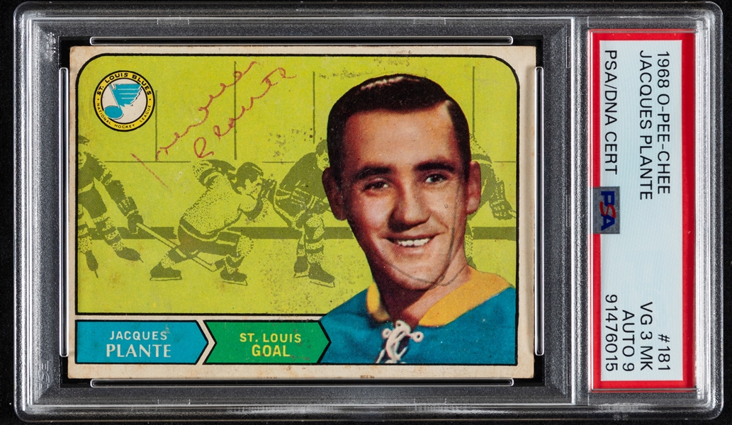 1968-69 O-Pee-Chee Signed Hockey Card #181 Deceased HOFer Jacques Plante - Card Graded PSA 3 MK - PSA/DNA Certified Auto Graded 9