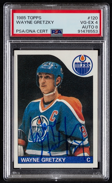 1985-86 Topps Signed Hockey Card #120 HOFer Wayne Gretzky - Card Graded PSA 4 - PSA/DNA Certified Auto Graded 8