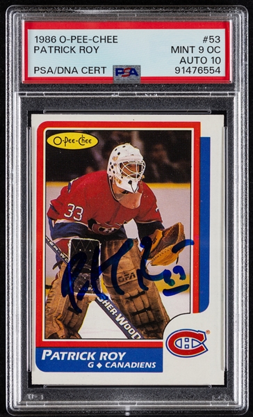 1986-87 O-Pee-Chee Signed Hockey Card #53 HOFer Patrick Roy Rookie - Card Graded PSA 9 OC - PSA/DNA Certified Auto Graded 10