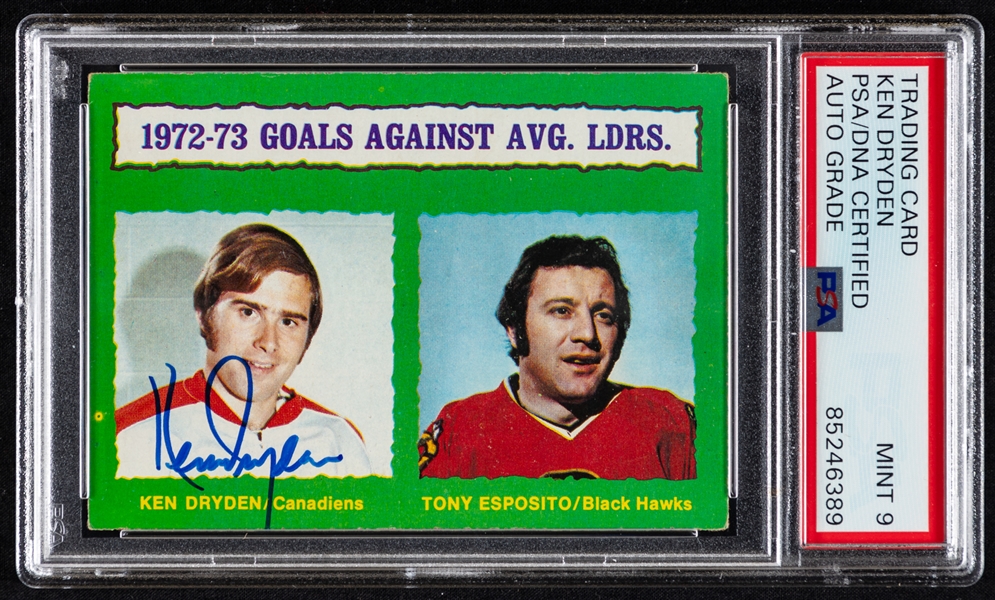 1973-74 O-Pee-Chee Signed Hockey Card #136 HOFer Ken Dryden (Goals Against Avg. Ldrs.) - PSA/DNA Certified Auto Graded 9