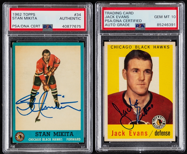 1962-63 Topps Signed Hockey Card #34 Deceased HOFer Stan Mikita and 1959-60 Topps Signed Hockey Card #30 Jack Evans (PSA/DNA Certified Authentic Autographs) 