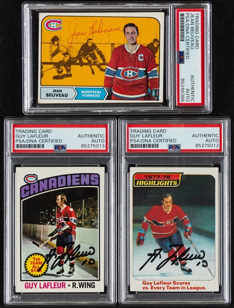 1968-69 Topps Signed Hockey Card #61 Deceased HOFer Jean Beliveau Plus 1975-76 and 1978-79 Topps Signed Hockey Cards of Deceased HOFer Guy Lafleur (PSA/DNA Certified Authentic Autographs) 