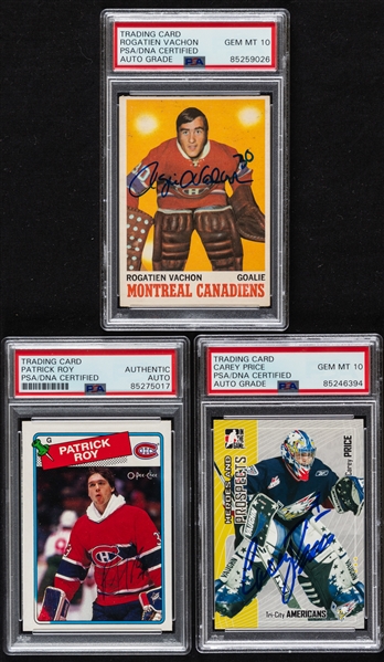 1970-71 to 2005-06 O-Pee-Chee and ITG Signed Hockey Cards of HOFers Rogatien Vachon and Patrick Roy Plus Signed Carey Price Rookie Card (PSA/DNA Certified Authentic Autographs) 