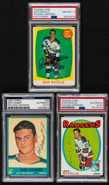 1961-62 to 1971-72 Topps Signed Hockey Cards of HOFer Jean Ratelle (2 Inc. Rookie Card) and Deceased HOFer Rod Gilbert (PSA/DNA Certified Authentic Autographs)