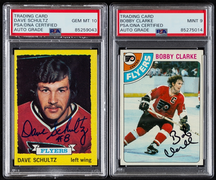 1973-74 Topps Signed Hockey Card #149 Dave Schultz Rookie Plus 1978-79 Signed Hockey Card #215 HOFer Bobby Clarke (PSA/DNA Certified Authentic Autographs) 