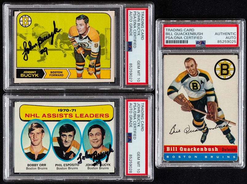 1954-55 to 1971-72 O-Pee-Chee/Topps Signed Hockey Cards of HOFer Johnny Bucyk (2) and Deceased HOFer Bill Quackenbush (PSA/DNA Certified Authentic Autographs) 