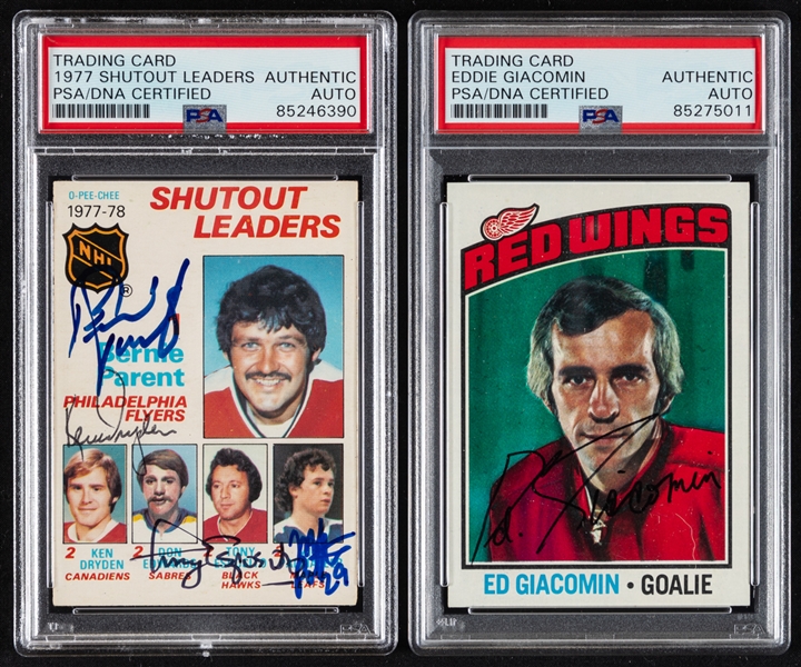 1978-79 O-Pee-Chee Signed Hockey Card #70 HOFers Dryden/Parent/Esposito Plus Palmateer Plus 1976-77 Topps Signed Hockey Card #160 HOFer Eddie Giacomin (PSA/DNA Certified Authentic Autographs) 