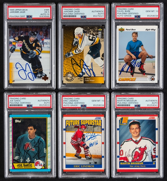 1989-90 to 1995-96 Signed Hockey Cards (6) Including Jagr (2) and HOFers Bure, Sakic RC, Lindros RC and Brodeur RC (PSA/DNA Certified Authentic Autographs) 