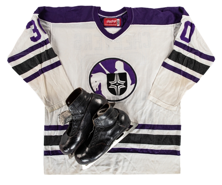 Vintage Gerry Cheevers Early-to-Mid-1970s WHA Cleveland Crusaders Pro Style Jersey Plus Early-to-Mid-1970s CCM Goalie Skates Attributed to Have Been Worn by Him