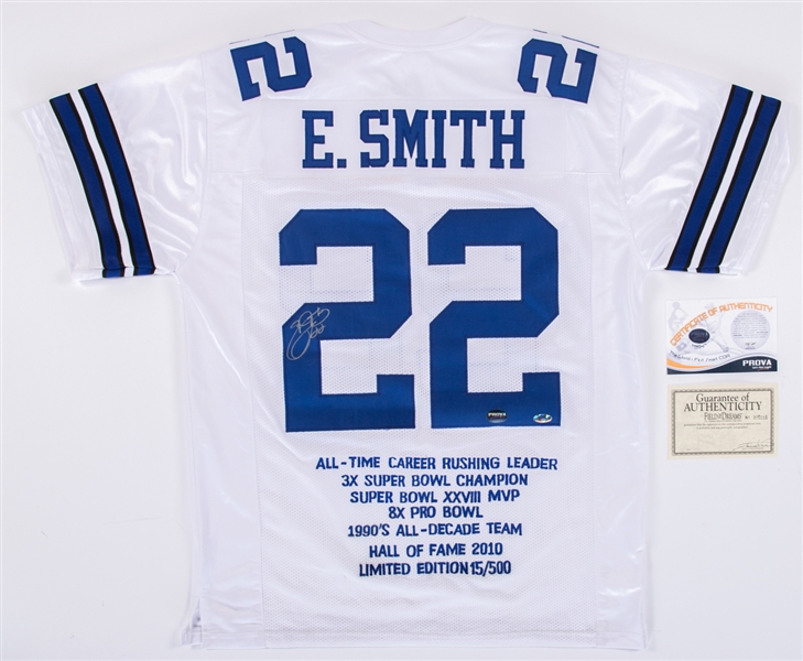 Dallas Cowboys Signed Memorabilia Collection of 3 Including Emmitt Smith Limited-Edition Signed Stats Jersey and Signed Troy Aikman Plus Roger Staubach Photos - All with COAs!