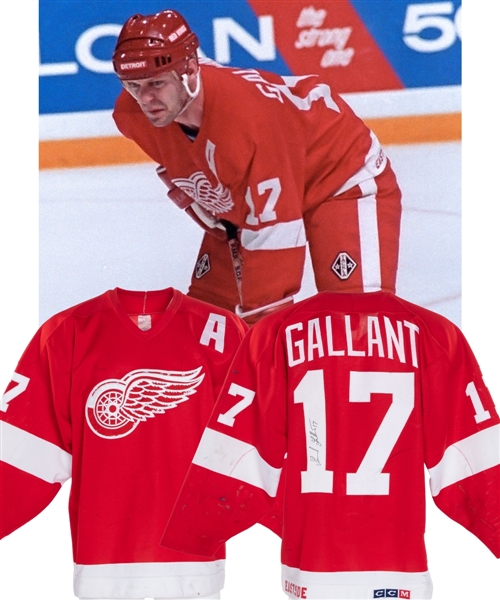 Gerard Gallants 1987-88 Detroit Red Wings Signed Game-Worn Alternate Captains Jersey with LOA - Nice Game Wear! - Team Repairs! 