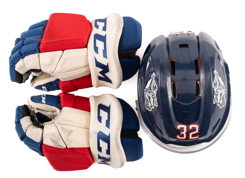 Matt Rempes 2021-22 New York Rangers Training Camp/Pre-Season CCM Pro Game-Used Gloves and 2023-24 AHL Hartford Wolf Pack CCM Game-Worn Helmet - Both Photo-Matched!