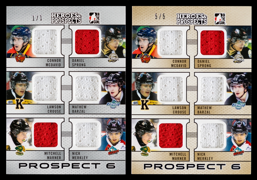 2014-15 ITG Heroes & Prospects Prospect Six Game-Used Jersey Cards (2) #P6-04 Connor McDavid / Daniel Sprong / Lawson Crouse / Mathew Barzal / Mitch Marner / Nick Merkley (Includes 1/1 and 5/5 Cards)