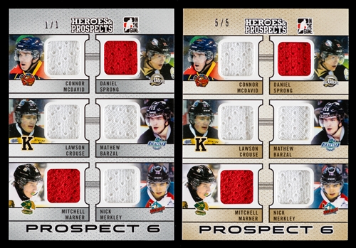 2014-15 ITG Heroes & Prospects Prospect Six Game-Used Jersey Cards (2) #P6-04 Connor McDavid / Daniel Sprong / Lawson Crouse / Mathew Barzal / Mitch Marner / Nick Merkley (Includes 1/1 and 5/5 Cards)