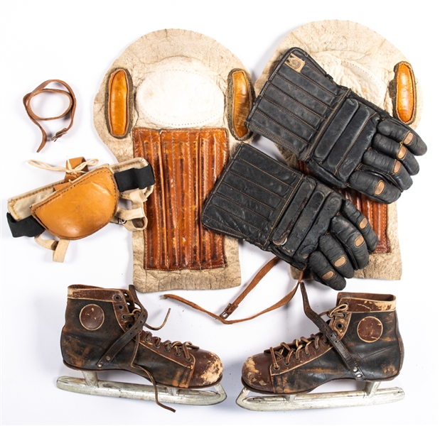 Vintage 1930s/40s Daignault-Rolland (D&R) Leather Hockey Helmet, 1940s WinnWell Gloves, 1940s Shin Pads and 1930s Hockey Skates 