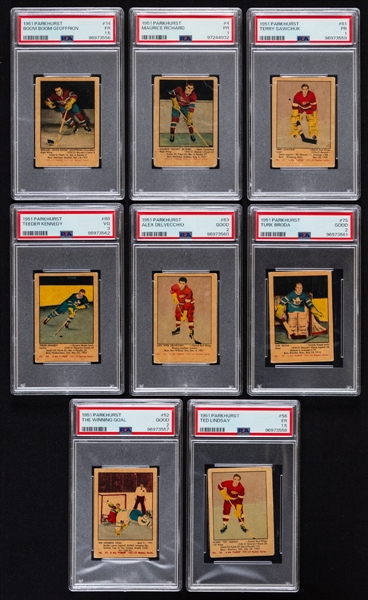 1951-52 Parkhurst Hockey Near Complete Card Set (102/105) with PSA-Graded Cards (8) Inc. Rookie Cards of HOFers #4 M. Richard (PR 1), #14 Geoffrion (FR 1.5), #61 Sawchuk (PR 1) and #86 Kennedy (VG 3)