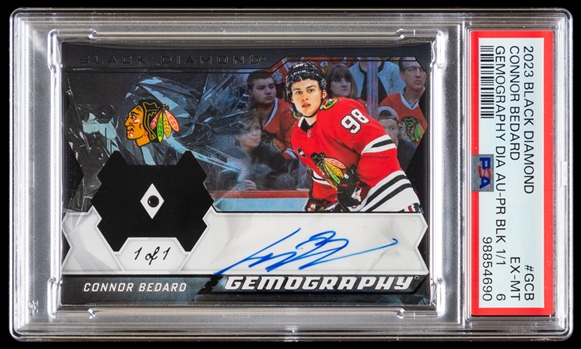 2023-24 Upper Deck Black Diamond Gemography Signed Hockey Card #G-CB Connor Bedard (Pure Black 1 of 1) - Graded PSA 6