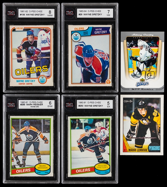 1980-81 to 1983-84 O-Pee-Chee KSA-Graded Hockey Cards (4) Including 1980-81 OPC #289 HOFer Mark Messier Rookie (ENM 6) and 1980-81 OPC #250 HOFer Wayne Gretzky (EX 5) Plus 2005-06 MVP #393 Crosby RC