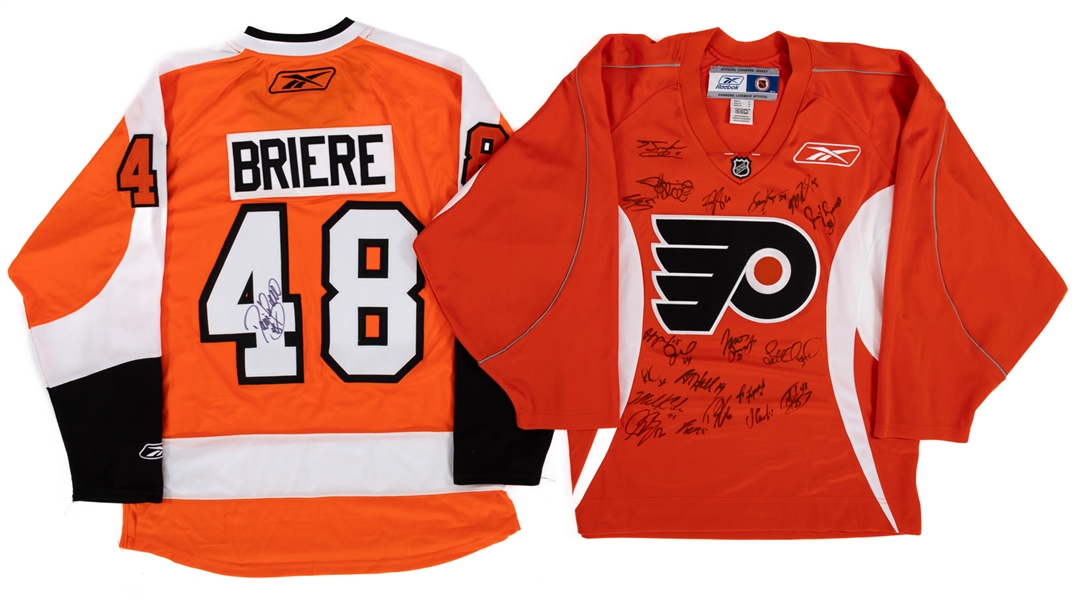 Philadelphia Flyers Signed Jersey Collection of 3 Including Claude Giroux, Daniel Briere and Simon Gagne with JSA Auction LOA Plus 2007-08 Flyers Team-Signed Practice Jersey