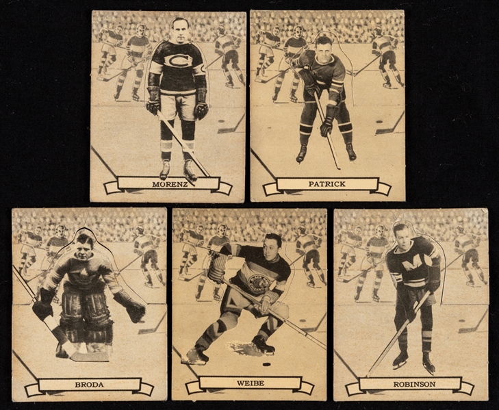 1936-37 O-Pee-Chee Series "D" (V304D) Hockey Cards (5) Including HOFers #121 Howie Morenz, #128 Lynn Patrick and #97 Turk Broda Rookie