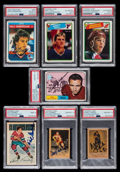 1951-52 to 1988-89 Signed Hockey Cards (7) Including HOFers Shanahan RC, Hull RC, Hawerchuk RC, Ullman and Others (PSA/DNA Certified Authentic Autographs) 