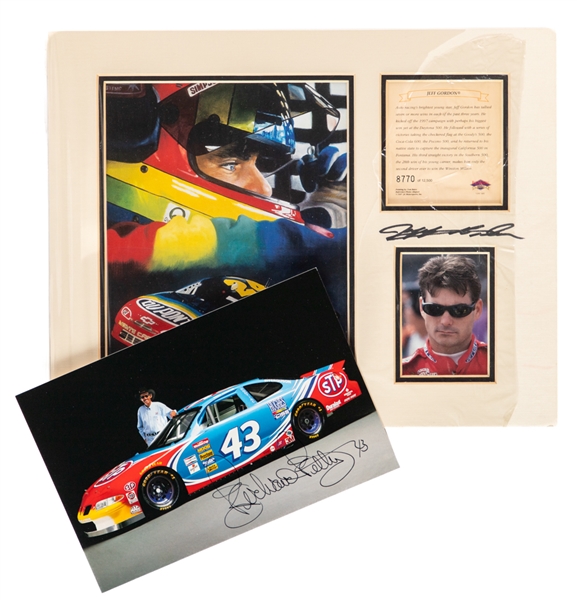 Motorsports and Nascar Hall of Fames Inductees Jeff Gordon Signed Matted Display and Richard Petty Signed Photo with JSA Auction LOA