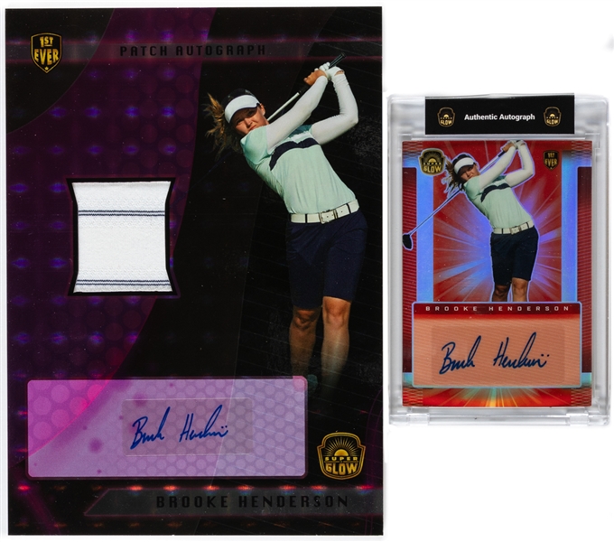 Brooke Henderson 2022 Super Glow Patch/Autograph Oversized Golf Card #PA-BH (03/10) and 2021 Super Glow Autograph Rookie Card #301 (24/50)