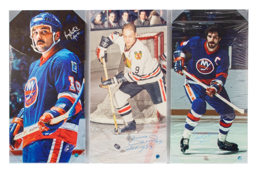 HOFers Bryan Trottier, Clark Gillies and Bobby Hull Signed Photos on Canvas with COAs (14" x 28")