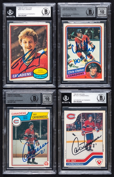 1980-84 O-Pee-Chee/Vachon Signed Montreal Canadiens Hockey Rookie Cards (4) of HOFers Rod Langway, Chris Chelios and Guy Carbonneau (Beckett Certified Authentic Autographs)