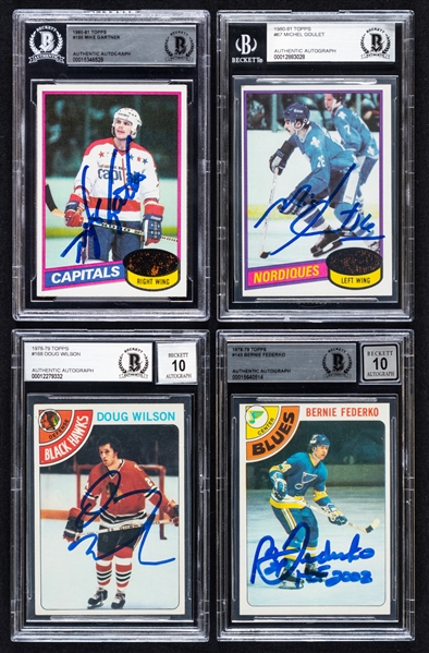 1978-79 and 1980-81 Topps Signed Hockey Rookie Cards (4) of HOFers Doug Wilson, Bernie Federko, Mike Gartner and Michel Goulet (Beckett Certified Authentic Autographs)