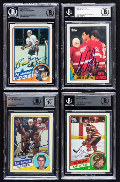 1984-85 and 1987-88 Topps Signed Hockey Rookie Cards (4) of HOFers Pat Lafontaine, Tom Barrasso and Adam Oates Plus Pat Verbeek (Beckett Certified Authentic Autographs)