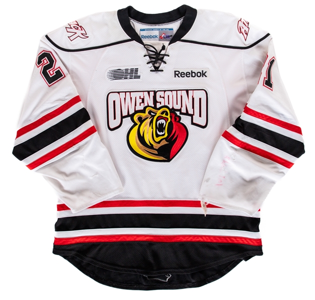 Holden Cook’s 2011-12 OHL Owen Sound Attack Game-Worn Jersey with Team LOA - Team Repairs! - Nice Game Wear!