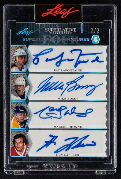 2020-21 Leaf Superlative Signatures Four Hockey Card #SS4-01 Lafontaine Bossy Dionne Lafleur (2/2)