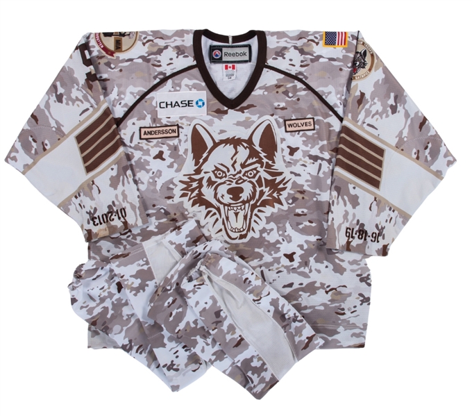 Peter Anderssons 2012-13 AHL Chicago Wolves Signed Game-Worn Military Appreciation Night Jersey with Uniform Socks and Signed Photo - Team LOA