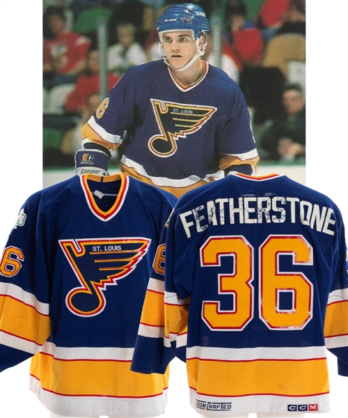 Glen Featherstones 1988-89 St. Louis Blues Game-Worn Rookie Season Jersey with LOA - Barcley Plager and Dan Kelly Memorial Patches!