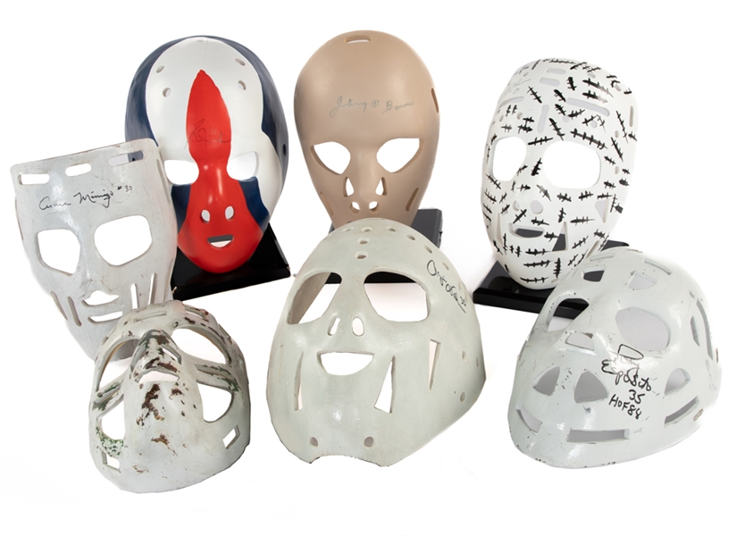 Don Scott Signed Replica Goalie Mask Collection of 7 with Hall, Bower, Cheevers and Esposito