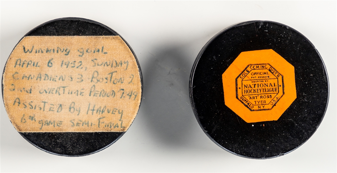 Paul Masnicks April 6th 1952 Montreal Canadiens Semifinals Game #6 Second Overtime Game-Winning Goal Puck (Harvey assist) from His Personal Collection with LOA Plus 1950-58 Art Ross Tyer Game Puck