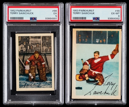 1952-53 Parkhurst Hockey Card #86 HOFer Terry Sawchuk (Graded PSA 5) and 1953-54 Parkhurst Hockey Card #46 HOFer Terry Sawchuk (Graded PSA 6)