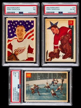 1954-55 Parkhurst Hockey Cards #33 and #100 HOFer Terry Sawchuk (Each Graded PSA 6) and 1963-64 Parkhurst Hockey Card #53 HOFer Terry Sawchuk (Graded PSA 7)