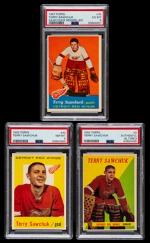 1957-58 Topps Hockey Card #35 HOFer Terry Sawchuk (Graded PSA 6) and 1959-60 Topps Hockey Card #42 HOFer Terry Sawchuk (Graded PSA 8) Plus 1958-59 Topps #2